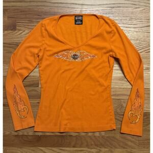 2006 Harley Davidson Flames Women’s Long Sleeve Top Flames Biker Pikes Peak LG